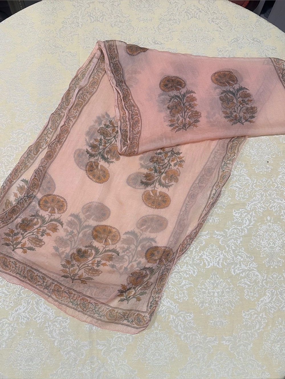 Peach Gold Green Sheer Silk Chiffon Floral Rectangular Table Runner 60x18 in